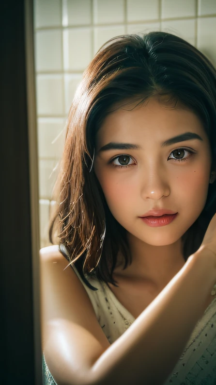 ((top Quority,8K,tmasterpiece:1.3)),Contemptuous woman(hot onsen),perspired,Water droplets on the forehead of the face,exteriors,background starry sky,Overhead,Sharp focus:1.2,cute women:1.4,((Layered Hair Style)),(shower stall),very detailed face and skin and hair texture,Knotted brunette hair,Moist textured hair,Moist body,Detailed eyes,Drunk tipsy,White skin of the,Beautiful legs, beautiful delicate nose,cute young woman,18yr old,dynamic angle,Deleite para la vista,Compositional suggestiveness,while emphasizing the subject's hair,The eye,Mouth and movements,At the same time, It exudes drunken tipsy,It is characterized by calming tones and a mixture of light and shadow,Drunk tipsy,