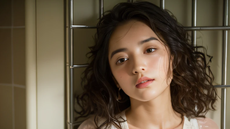 （（top Quority，8K，tmasterpiece：1.3）），Contemptuous woman（hot onsen），perspired，Water droplets on the forehead of the face，exteriors，background starry sky，Overhead，Sharp focus：1.2，cute women：1.4，（（Layered Hair Style）），（shower stall），very detailed face and skin and hair texture，Knotted brunette hair，Moist textured hair，Moist body，Detailed eyes，Drunk tipsy，White skin of the，Beautiful legs， beautiful delicate nose，cute young woman，18yr old，dynamic angle，Deleite para la vista，Compositional suggestiveness，while emphasizing the subject's hair，The eye，Mouth and movements，At the same time, It exudes drunken tipsy，It is characterized by calming tones and a mixture of light and shadow，Drunk tipsy，