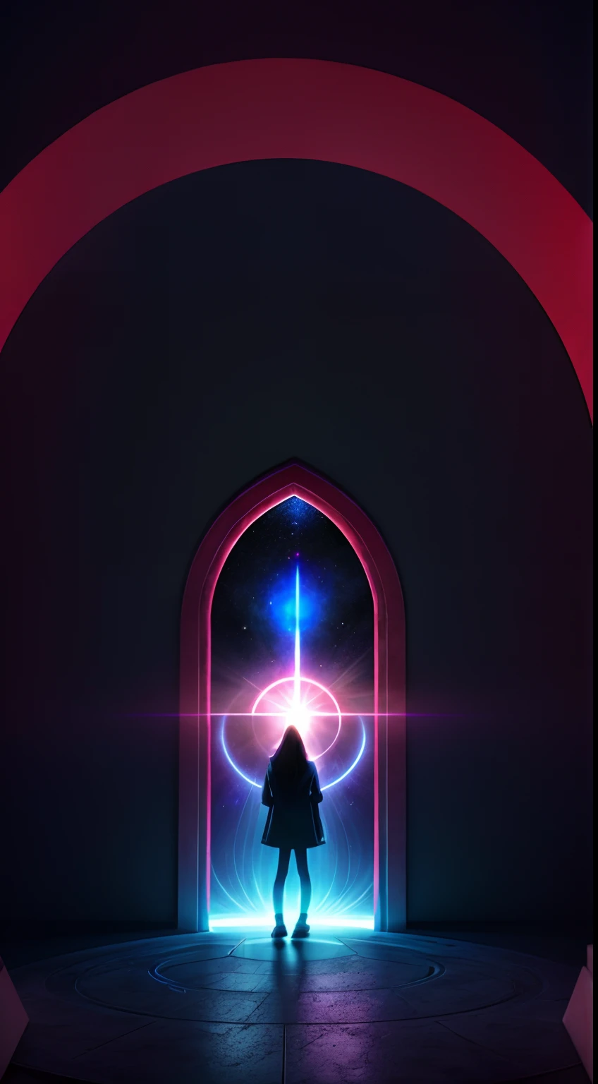 minimal style，person, standing in front of a space portal overlooking the sun,，kosmos，mistic，The eye, gateway to another dimension, world, visible only through the portal, High quality fantasy stock photo, portal to another world, portal to outer space，Looking into space, Universe, Magical Galactic Portal, The Cycle of the Stars, God，A sense of mystery，red colour，blue colors，white colors，In pink