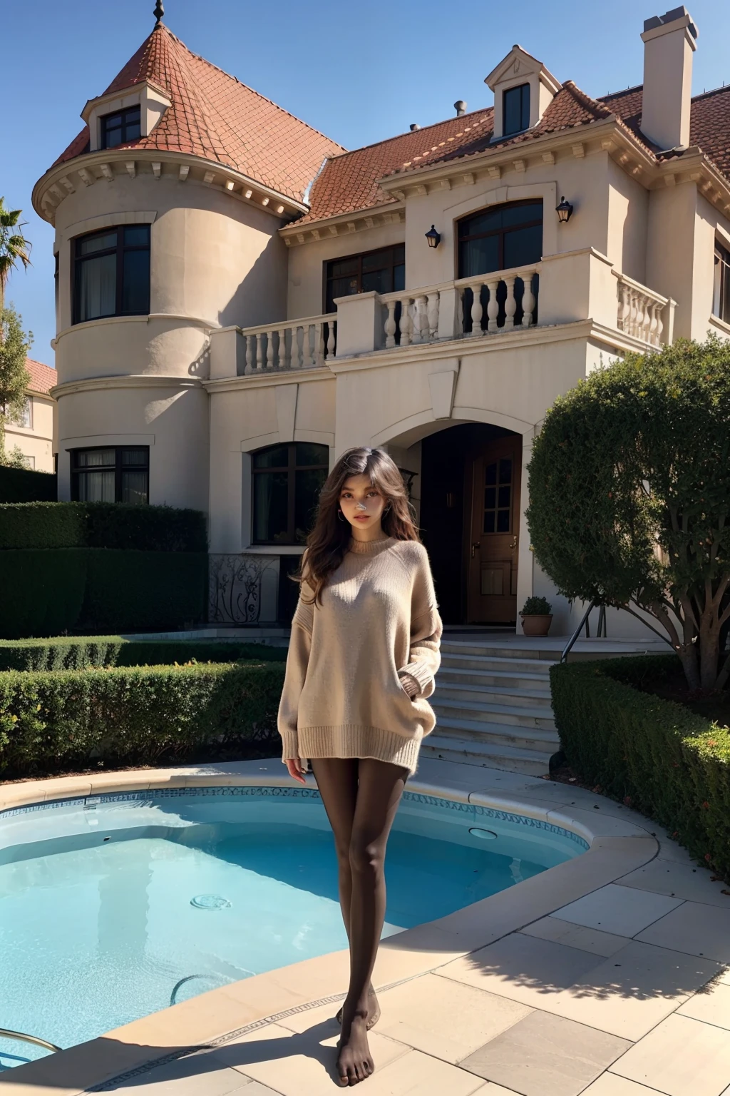 show entire body, feet in view, photorealistic, Zendaya, cozy sweater, pantyhose, no shoes, mansion in background, poolside