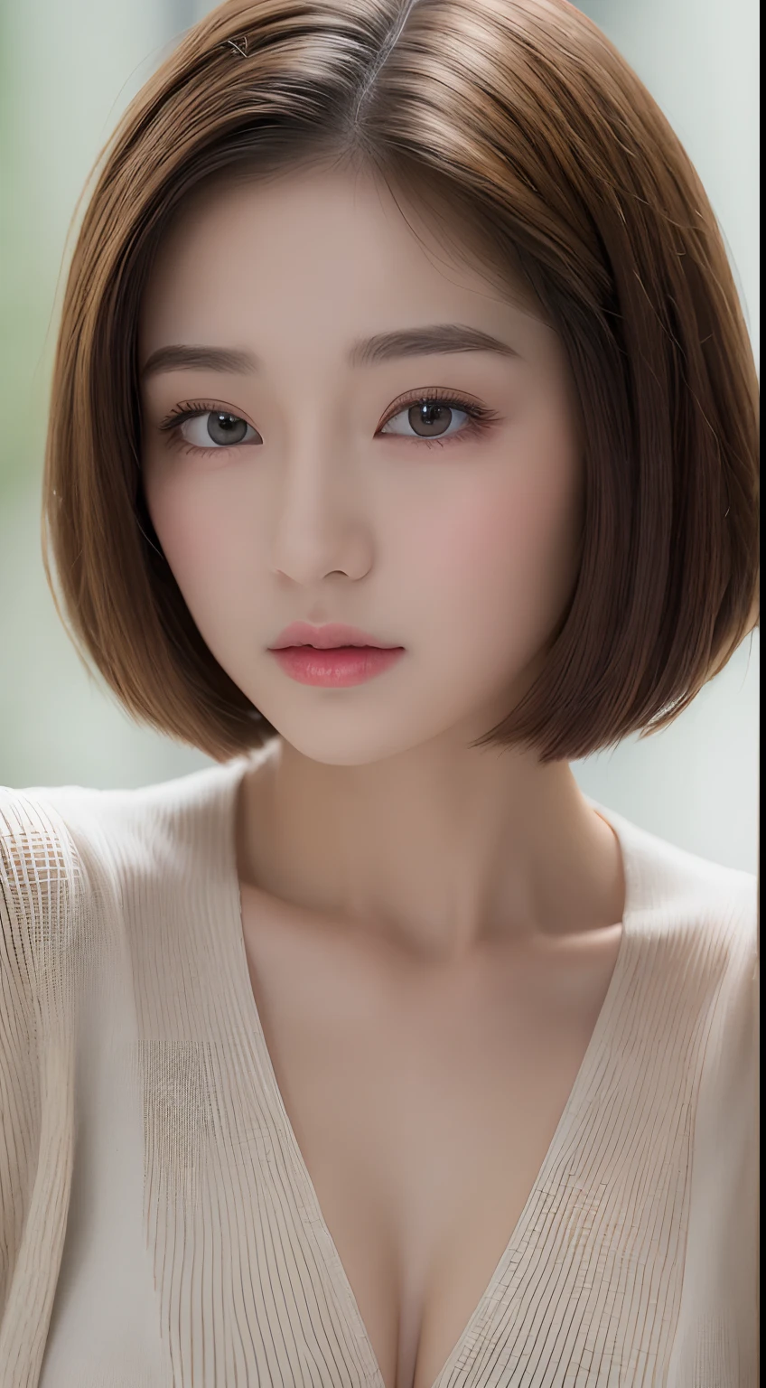 ((Best quality, 8k, Masterpiece :1.3)), 1girl, Pretty woman with slender abs :1.3, (Medium-short hair, Huge breasts :1.2), Cardigan :1.1, Ultra-detailed face, Detailed eyes, Double eyelid