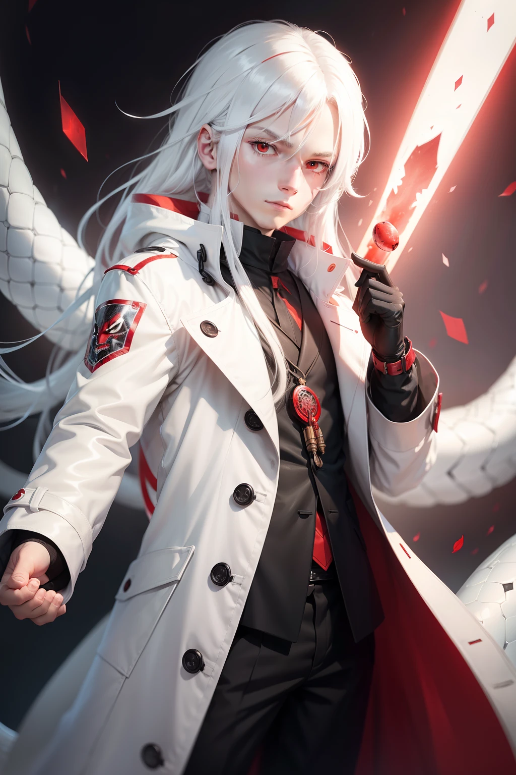 1 guy, short guy, kid, child, young boy, long white hair, red eyes, snake eyes, white snake with red eyes background, white trench coat, 8k, hd, anime style