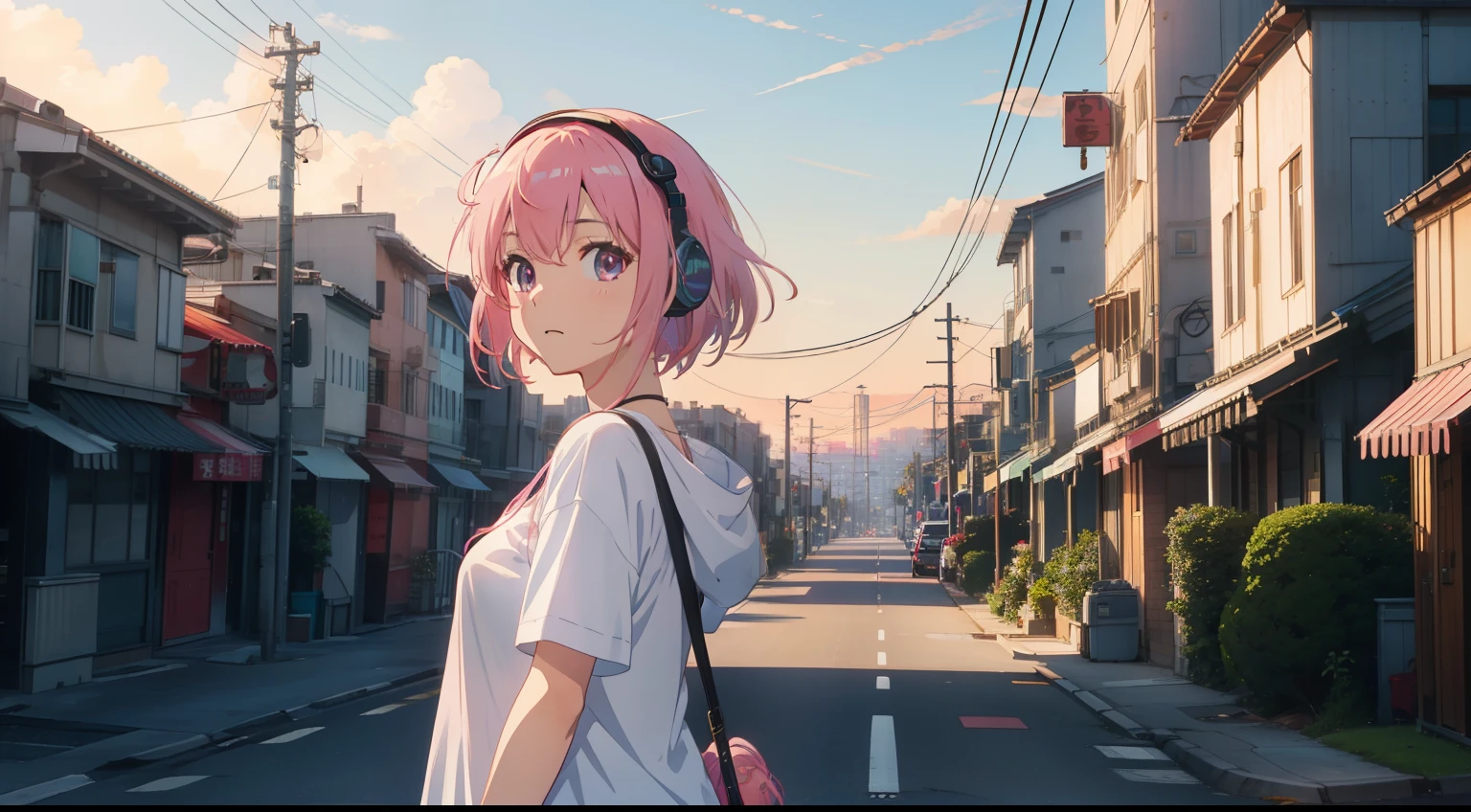 masterpiece、top-quality、Movie stills、1girl in、gotou hitori, gotou1,animesque、Pink shorthair、Pink hair、Peach-colored hair、eyes large、Big eyes with sparkly、Surprised、singers、illustratio、summer clothing、microphone、headphones、kawaii、run、Sunset in the city(Spark:0.7)、Background like Makoto Shinkai