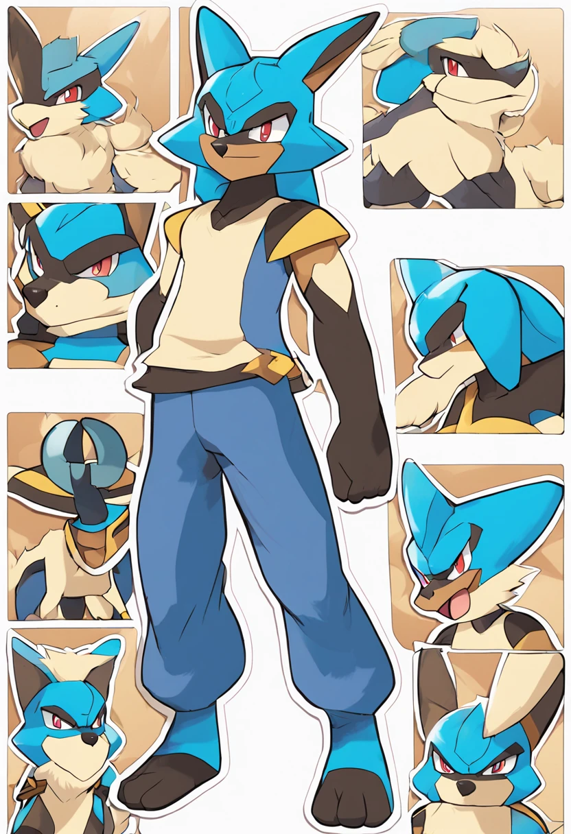 Lucario, Clonky, stretched clothes:1.85, absurdres(highly detailed beautiful face and eyes)perfect ???????, good lighting, cinematic shadow(kemono, furry anthro)assorted expressions, assorted poses, assorted angles, full body, upper shot, dynamic angle(boys comic-like panel layouts, speech balloon, English text, Hand-drawn sound effects stickers used in battle comic),
