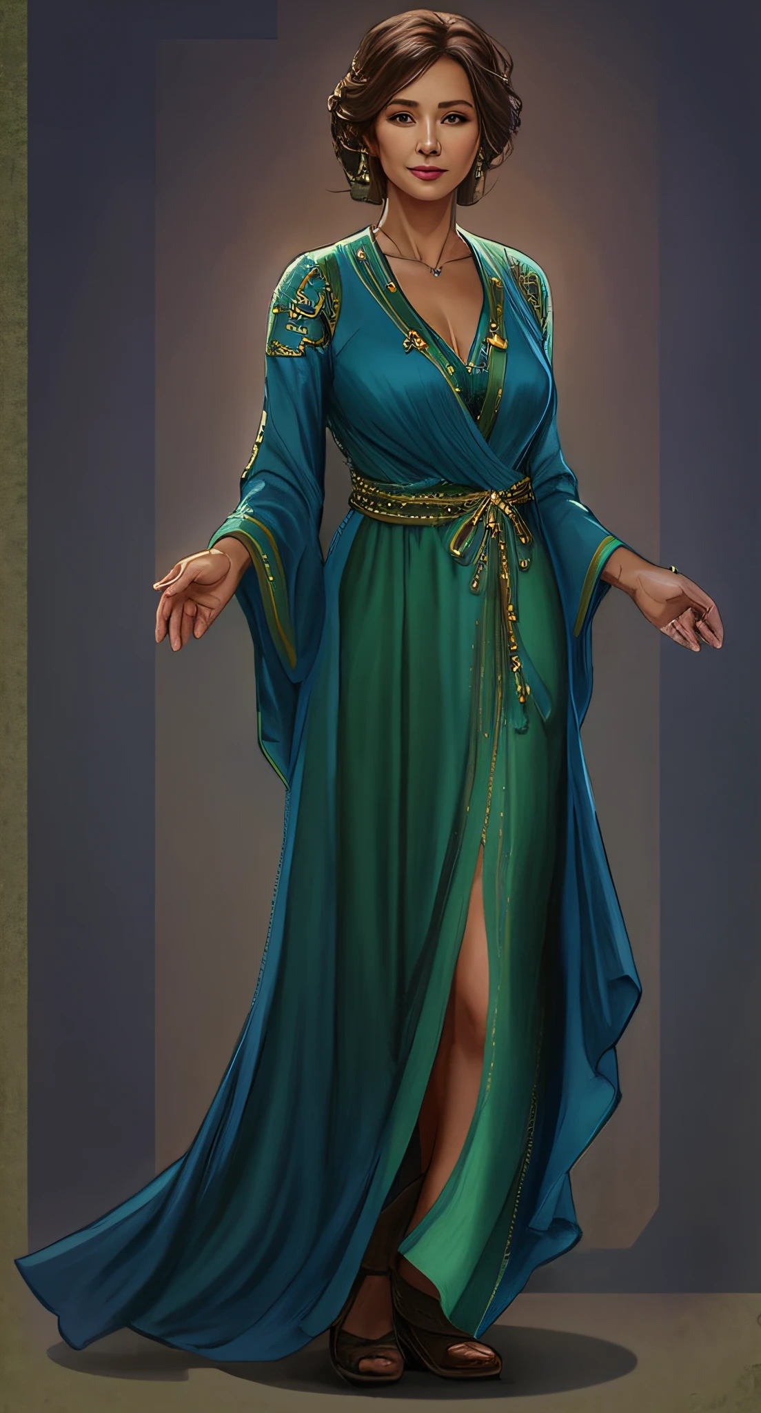 a beutiful healer woman, 50 years old,  blue dress with a brown belt, green cloak, beautiful full body concept art