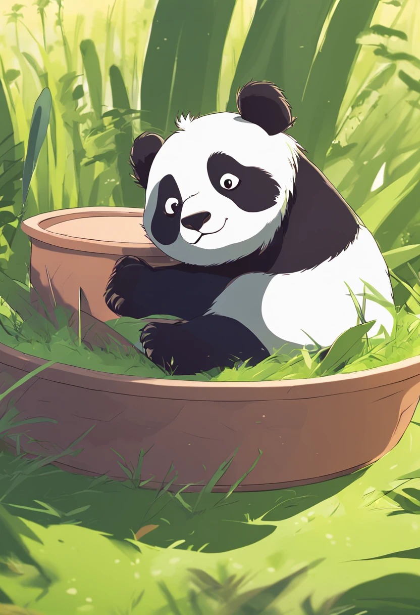 A cute panda，Lie on your stomach in a pot with small grass，Has big eyes，differentemotions，Different poss and expressions，anime style, ccurate, high details, high quality, highres