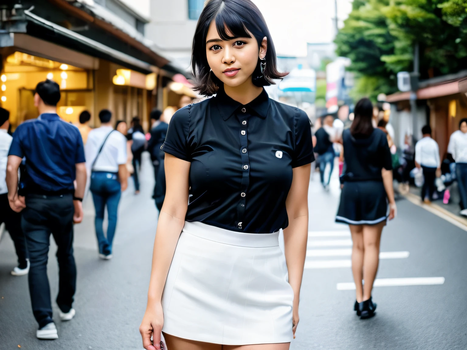 Portrait photo of an Indian girl, posing,( age 30 ), look away from camera, little Short hair, (black hair), In the streets of japan, wearing a Casual Black shirt and white skirt, (big boobs and ass), Many people in background