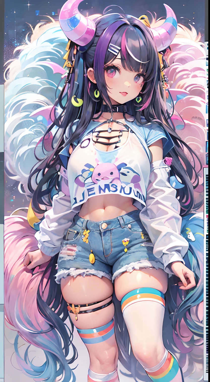 " black hair with rainbow streaks in it kawaii, cute, adorable woman with pink, black and rainbow color scheme. She is dressed in sky-themed clothes made out of clouds and sky motifs. Her outfit is fluffy and soft, with decora accessories like hairclips. She embodies the vibrant and trendy Harajuku fashion style.", horns, demon wings, big boobs,big ass, big lips, juicy lips, huge hair, glitching, glitchy, hacking, computer,digital, sexy, big breasts, cleavage, big ass, tounge out, saliva