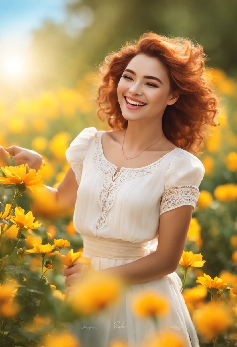 Winged ears,red tinted hair, Joyful, Sunny, Flat-chested, (Best quality, High-res, photo-realistic:1.37), Detailed features, Colorful flowers, Vibrant atmosphere, Joyful laughter, Lively atmosphere, carefree, Playful, Beautiful landscape, warm sunlight, Clear blue sky, light breeze, Hefty Smile, positive energy, Cheerful girl, relaxed poses, Natural beauty, Happiness in the air, Harmonious composition, joyful expressions, Vibrant colors, Natural lighting, Youthful spirit, Innocent charm, Carefree moments, Splendid happiness, Pleasant atmosphere, Sunny character, Confident posture, Delightful outdoor scene, Carefree laughter, full of life,boisterous, Fresh and happy, positive vibe, Happy and bright, Heartwarming scene