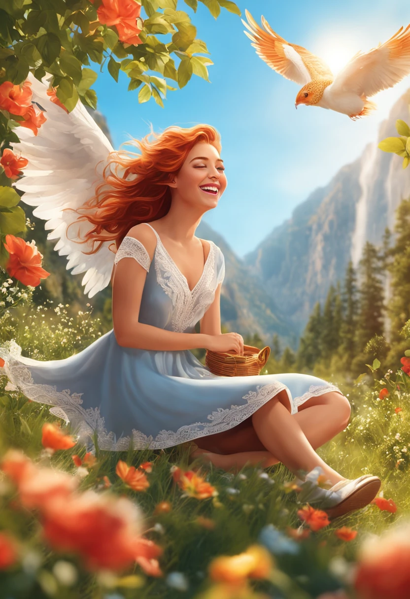 quadratic element,quadratic element,Winged ears,red tinted hair, Joyful, Sunny, Flat-chested, (Best quality, High-res, photo-realistic:1.37), Detailed features, Colorful flowers, Vibrant atmosphere, Joyful laughter, Lively atmosphere, carefree, Playful, Beautiful landscape, warm sunlight, Clear blue sky, light breeze, Hefty Smile, positive energy,, relaxed poses, Natural beauty, Happiness in the air, Harmonious composition, joyful expressions, Vibrant colors, Natural lighting, Youthful spirit, Innocent charm, Carefree moments, Splendid happiness, Pleasant atmosphere, Sunny character, Confident posture, Delightful outdoor scene, Carefree laughter, Full of life,boisterous, Fresh and happy, positive vibe, Happy and bright, Heartwarming scene
