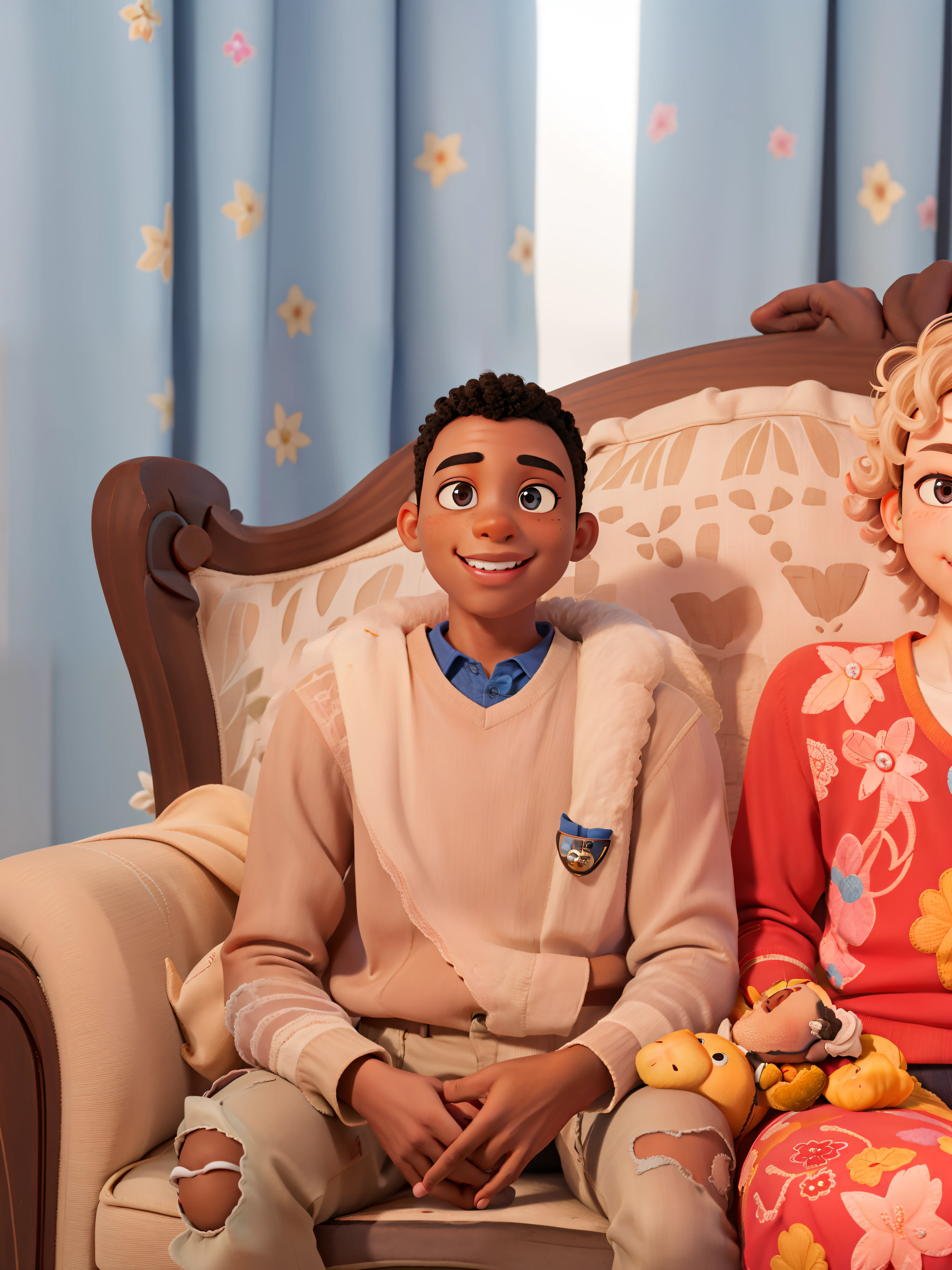 Black little boy, curly hair with ribbon, blue shirt, Pink shirt, beeautiful curly hair, beautiful face, Brown curly hair, brown colored eyes, beautiful, romantic, looking at the camera, delicate face, smile, intricate detail, 4k, high resolution, Pixar Cartoon style picture