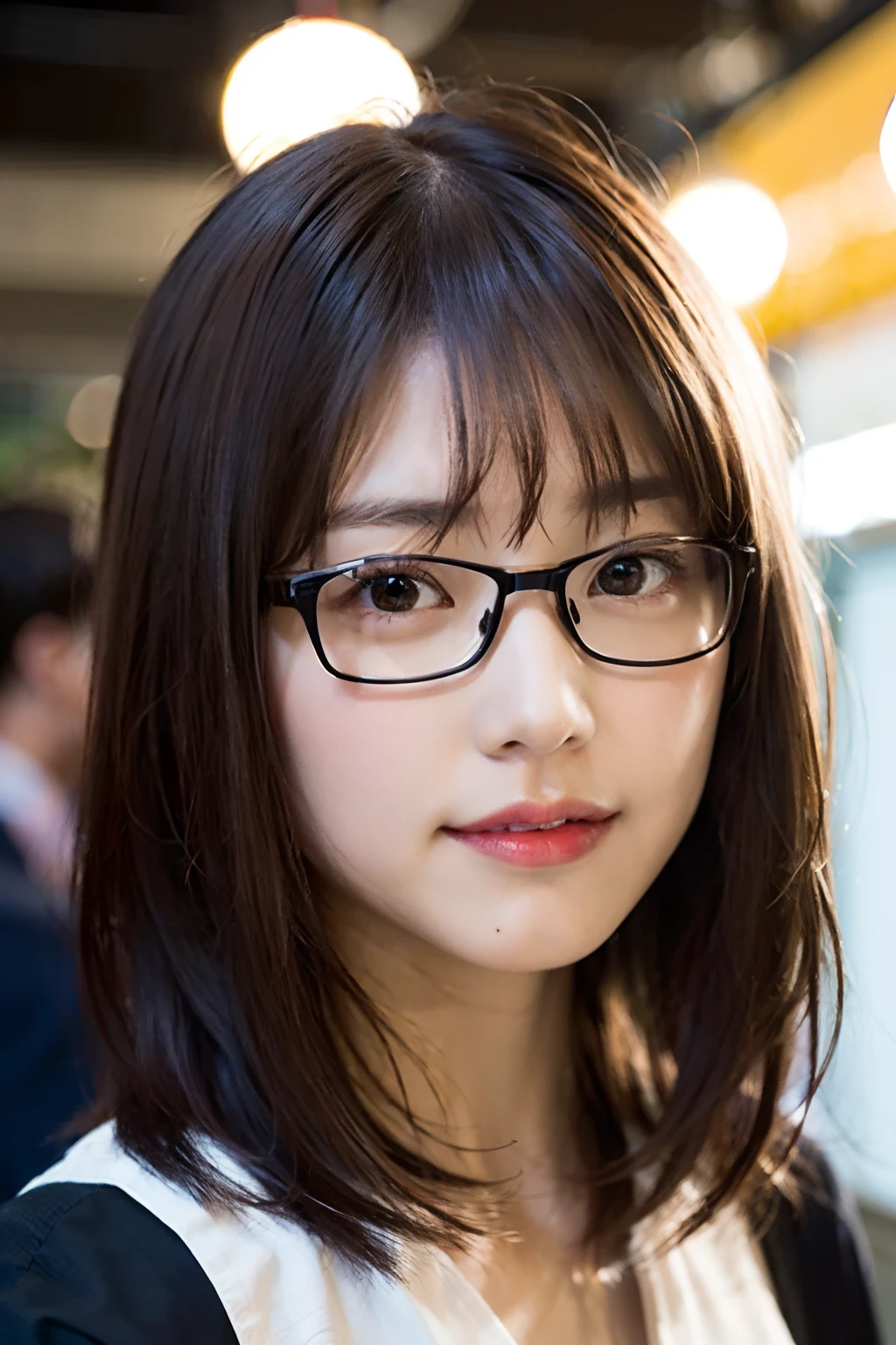 (8K、Raw photography、top-quality、masterpiece:1.2)、(realisitic、Photorealsitic:1.37)、ultra-detailliert、超A high resolution、1人、see the beholder、beautifull detailed face、A smile、Constriction、(Slim waist) :1.3)、short-cut、Beautiful detailed skin、Skin Texture、Floating hair、Professional Lighting、Wait for the platform train、Black square glasses 、Whole human body、Brown hair