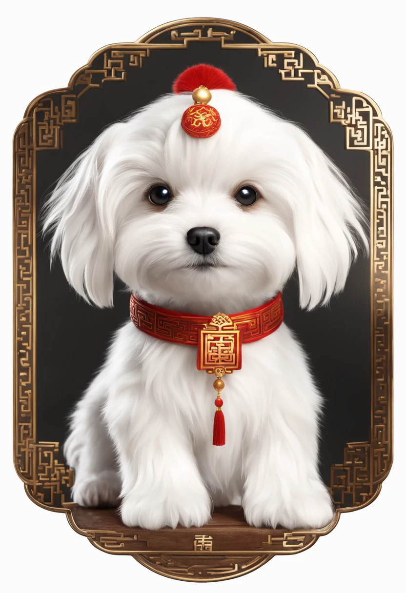 Cute and cool stickers, Maltese, fluffy lid, White background, Cute puppy in ancient chinese costume, pans,Cinematic, hyper realisitic, backlit lighting,Very low angle, Highly detailed, zoomout, Rendered in Unreal Engine,