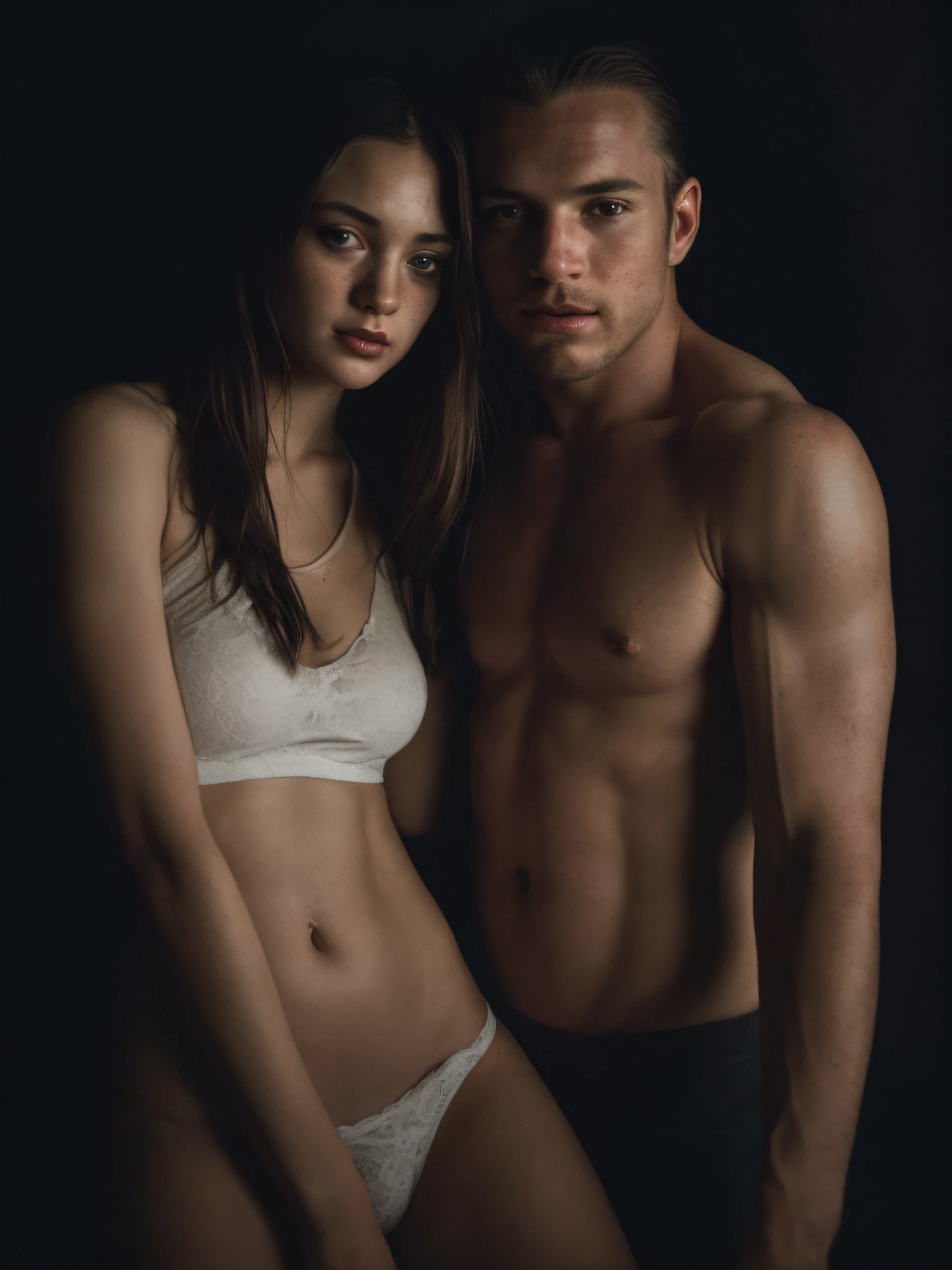 (editorial photograph of a couple girl and man white), (highly detailed body:1.4) (smile:0.7) (background inside dark, moody, private study:1.3) POV, by lee jeffries, nikon d850, film stock photograph ,4 kodak portra 400 ,camera f1.6 lens ,rich colors ,hyper realistic ,lifelike texture, dramatic lighting , cinestill 800,