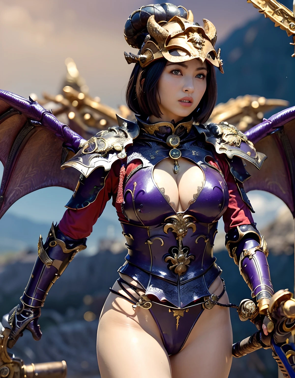 Professional , ​masterpiece、top-quality、photos realistic , depth of fields 、（Dragon Blue Metal Body:1.９),(Enamel purple、（cleavage of the breast）、Mystical expression、Dragon Gold Weapon、（Red Micro Bikini Armor:1.４),Gorgeous gold weapons ,Particles of light、（（ Dragon's dense and gorgeous sword）） , （demonic wings）、（（a blond））、（Castle background）、（（Gangle's forest background））、（（Fight dragons））、Beautiful Caucasian beauty、１a person、dynamic ungle,(((Detailed and ornate dragon helmet)))、Smaller head、A smile、Castle background、Thin and beautiful female hands、cleavage of the breast、Soldier in iron armor on background、Mystical expression、Light Effects、intense fighting、Wind-effect、magic circles、With the legendary magic wand、Dragon's tail、explosions、Anatomically correct body、