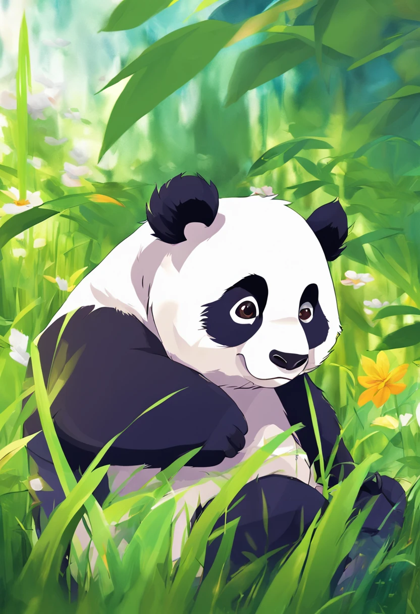 A cute panda，Lie on your stomach in a pot with small grass，Has big eyes，differentemotions，Different poss and expressions，anime style, ccurate, high details, high quality, highres--niji5