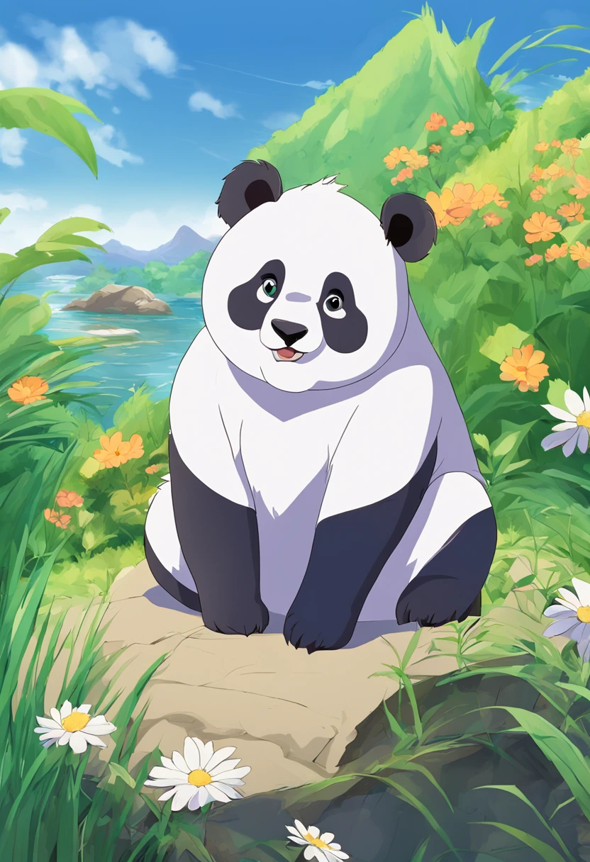 A cute panda，Lie on your stomach in a pot with small grass，Has big eyes，differentemotions，Different poss and expressions，anime style, ccurate, high details, high quality, highres--niji5