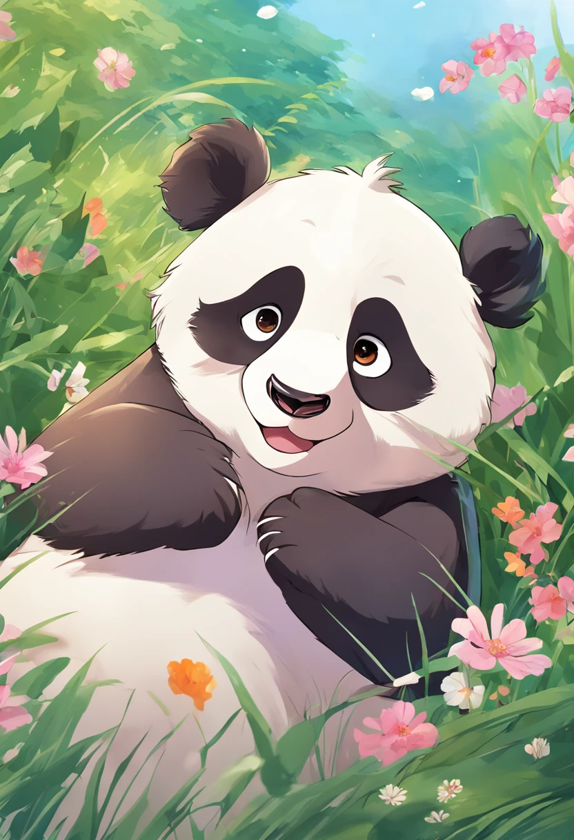 A cute panda,Lie on your stomach in a pot with small grass,Has big eyes,differentemotions,Different poss and expressions,anime style, ccurate, high details, high quality, highres--niji5