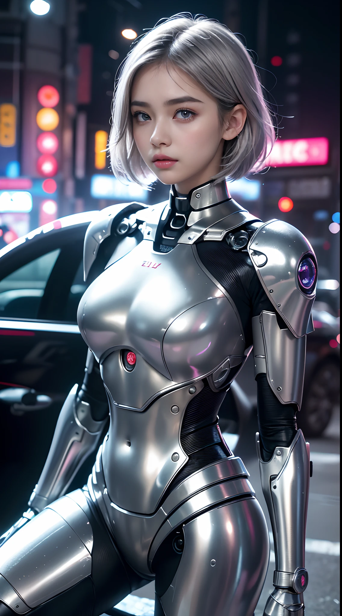 the best ever、(((full body Esbian)))、(((The sheen)))、(((Very shiny metal suit)))、The cute beauty of the mecha(Best Quality, Detailed details, masutepiece, , 8K, Chiaroscuro，Bust photos are ultra-realistic and realistic, Highly detailed Canon videography )、((Beautiful and shining natural eyes))、Beautiful navel、Human skin type、（(Highly photorealistic human beings))、(Perfectly round pupils)、The details of the iris of the pupil are very amazing、(((Shining eyes)))、accurate fingers、Limbs without breakdowns、(((Caucasian  girl)))、((very fair pink skin))、Naturally closed mouth、Natural areola、natural 、Staring eyes、Natural body、a baby face、Face、Feminine body、(with round face)、a small face、soft cheeks、Looking at the camera、full body Esbian、、Beautiful and shining natural eyes、Beautiful navel、Human skin type、（(Highly photorealistic human beings))、(Perfectly round pupils)、The details of the iris of the pupil are very amazing、Limbs without breakdowns、Naturally closed mouth、Natural areola、natural 、Staring eyes、Natural body、Slightly baby-faced、Feminine 、Femibody、with round face、a small face、soft cheeks、Looking at the camera、full body Esbian、Balanced face、drooing eyes、(Not a crushing eye)、Body with human-like proportions、((Slightly longer arms))、((rather long torso))、((slightly larger hands))、human face、(((Glowing silver hair)))、(((Cool Shortcut Hair)))、(((The background is the future)))、(((8 Head Body)))、(((Light blue eyes)))、(((Thin thin silver eyebrows)))、(((Thin eyebrows)))、Looking at this、Gentle double eyelids、(((Gentle face)))、(((Background Mecha)))、bladerunner、(((RoboCop)))、Ghost in the Shell、(((Night background)))、(((Makeup is light)))、(((The quality of Hollywood sci-fi movies)))、(Neon light)、(((Tokyo in 6000 AD)))