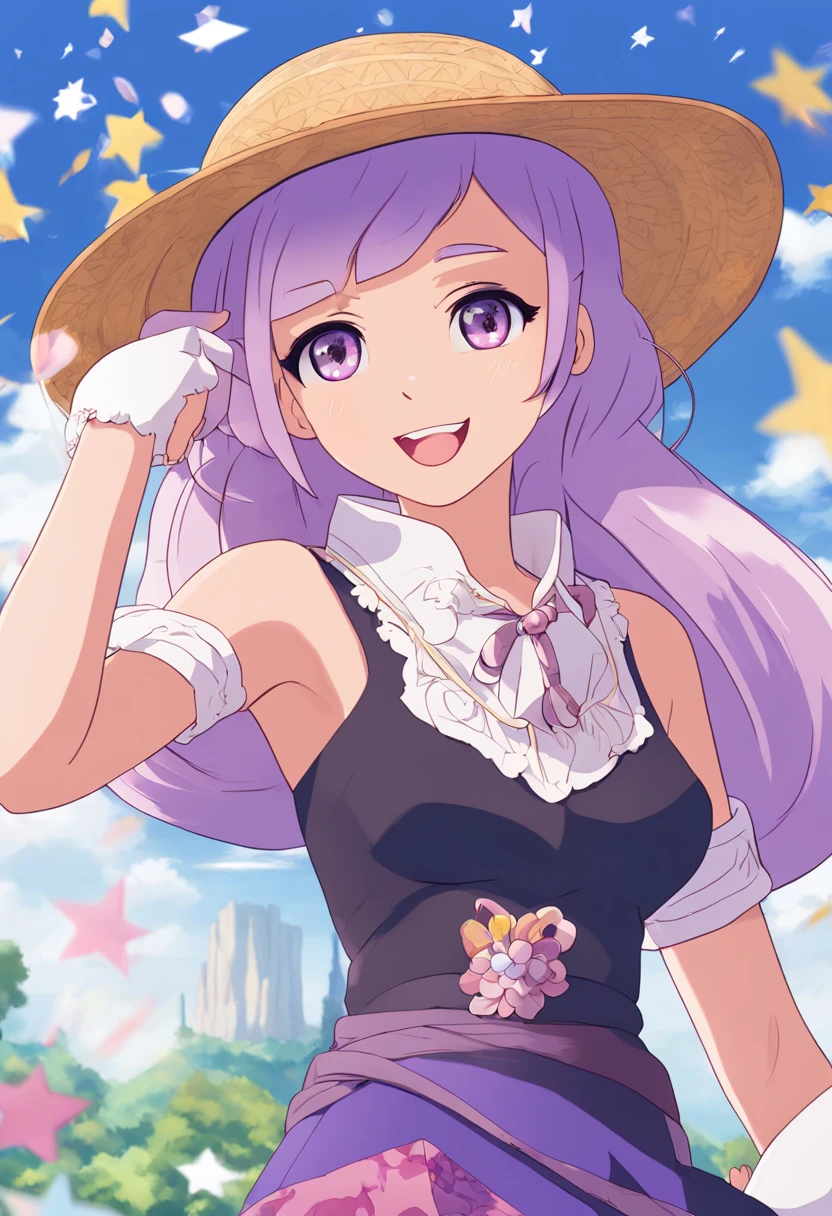 1girl, full body, cowboy shot, (Rembrandt), illustration, (masterpiece), (best quality), (ultra_detailed), finely detail, (Depth of field), HshinoAi,gloves, tongue out, tongue, long hair, star \(symbol\), looking at viewer, (purple hair:1.2), purple eyes, upper body, hair ornament, :p, frills, pink shirt, smile, sleeveless, shirt, idol, symbol-shaped pupils, hands up, bangs, one side up, star-shaped pupils, arms up, dress pull, Roaring Twenties, isometric, from above, sky, flower, cliff,