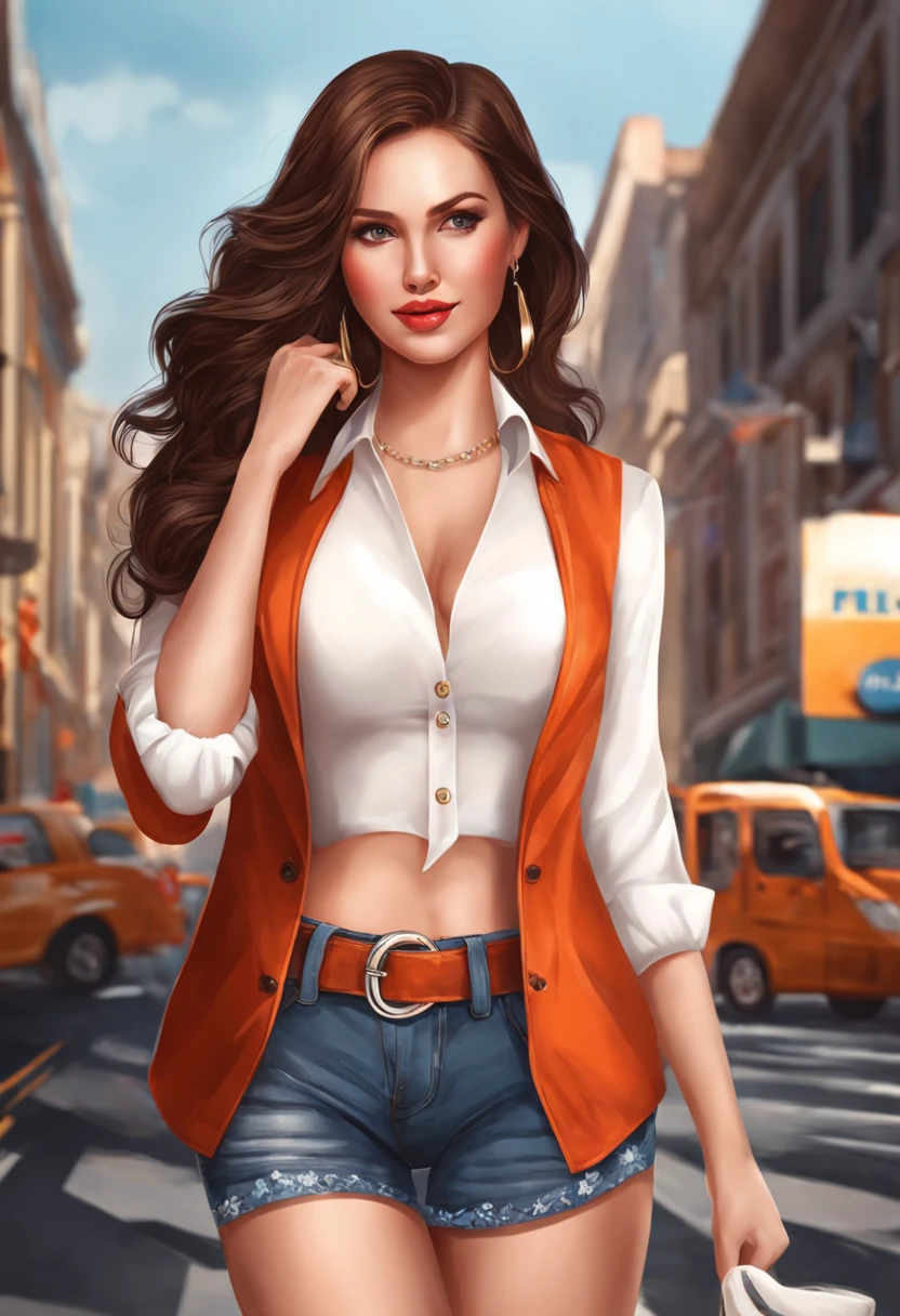 tmasterpiece,best qualtiy,hight resolution,Brown hair color,medium breasts,Orange Eyes,Denim Short,White top,Urban background,fox ear、crosswalk、Thigh walking、Hurry up、