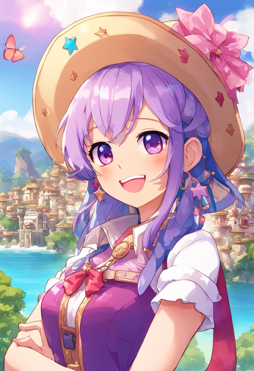 1girl, full body, cowboy shot, (Rembrandt), illustration, (masterpiece), (best quality), (ultra_detailed), finely detail, (Depth of field), HshinoAi,gloves, tongue out, tongue, long hair, star \(symbol\), looking at viewer, (purple hair:1.2), purple eyes, upper body, hair ornament, :p, frills, pink shirt, smile, sleeveless, shirt, idol, symbol-shaped pupils, hands up, bangs, one side up, star-shaped pupils, arms up, dress pull, Roaring Twenties, isometric, from above, sky, flower, cliff,