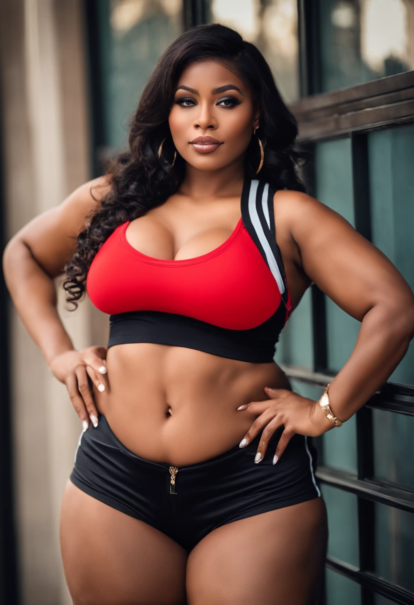 ((Huge breasts:1)), ((Large breasts:1)), ((huge-breasted:1)), ((Big breasts:1)), ((Slim waist:1)), ((Big butt:1)), ((bighip:1)), ((Big thighs:1)), ((thick thighs:1)), Tight tank top、Bitten hot pants、Pointing your butt at the camera