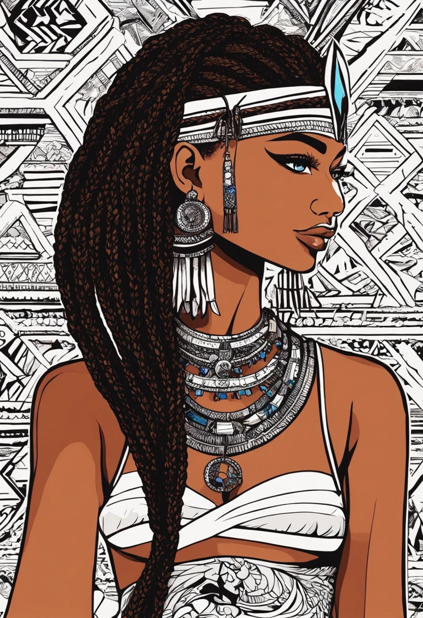 (melhor qualidade), estilo anime, mulher negra, ((pele muito nega)), Linda, anatomia perfeita, corpo perfeito,(com cabelos brancos), cabelos muito volumosos, (((with Egyptian braids))), vestindo uma roupa curta, Swimsuit with black and white details, ((missangas douradas)), fundo do deserto com muita areia, fazendo vento,