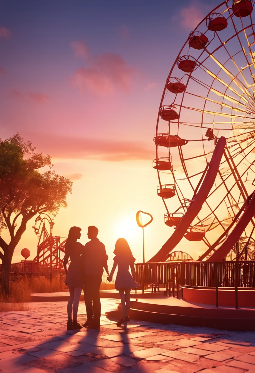 A man and a girl and a girl in an abandoned amusement park, sun sunset, You only see silhouettes of the man and the girl