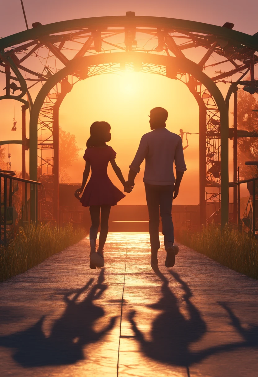 A man and a girl and a girl in an abandoned amusement park, sun sunset, You only see silhouettes of the man and the girl