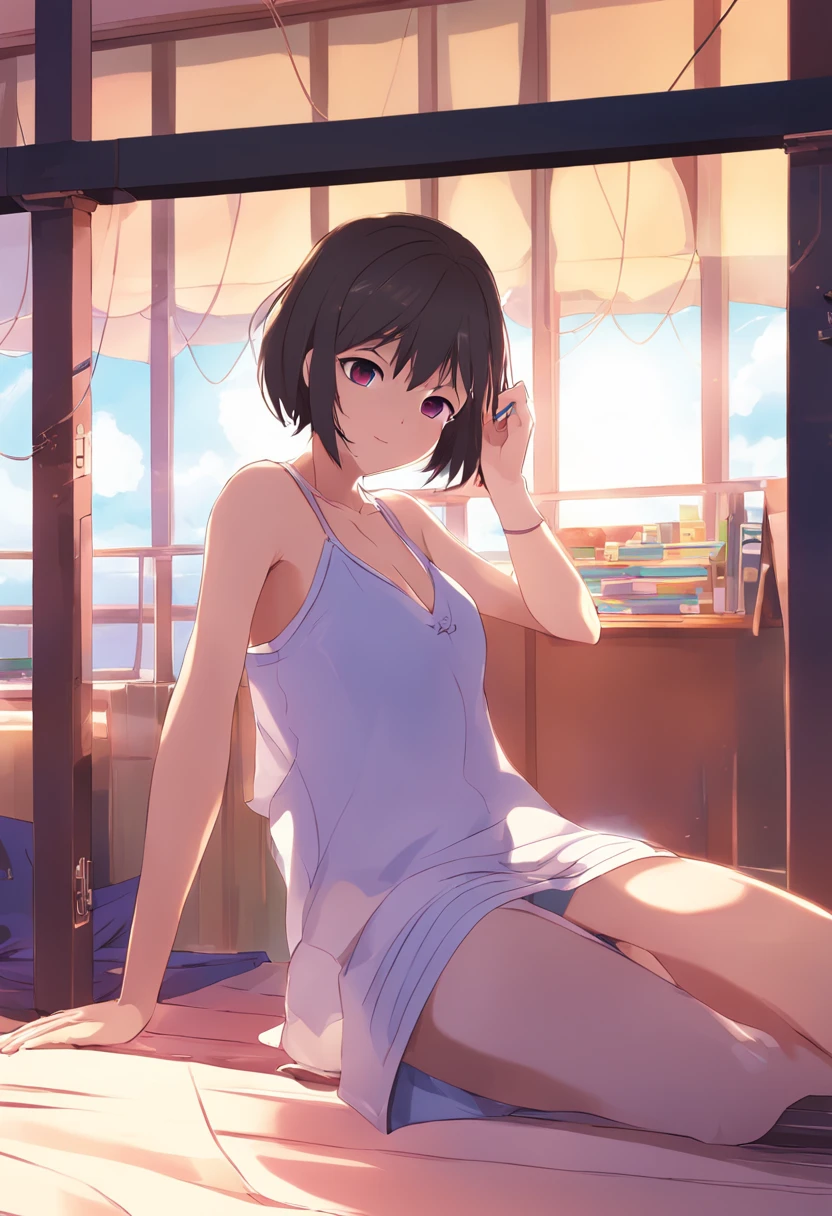 brunette color hair,short detailed hair,耳环,Be red in the face,Purple pupils,chineseidol,white stockings,Duck sitting,inside in room,校服,seminude,Lori huge breasts cleavage,No Underwear