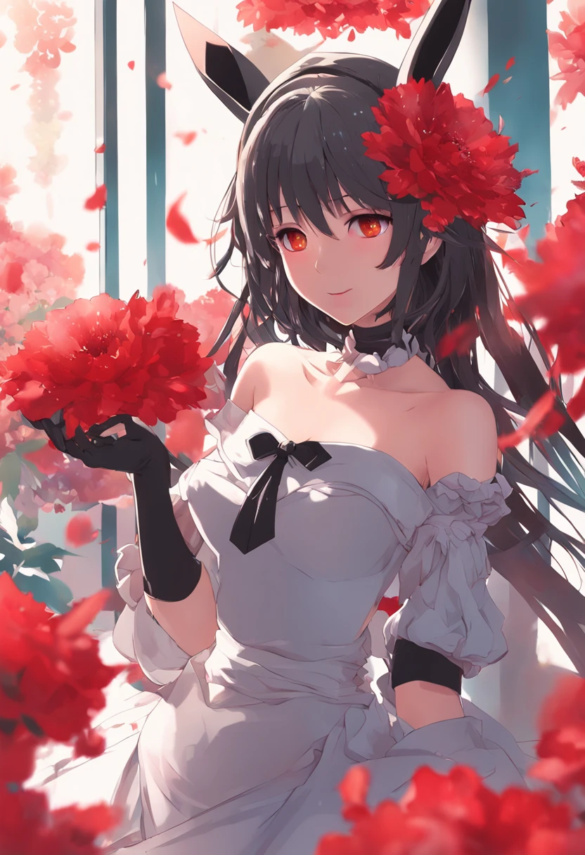 (Highly detailed), ((Masterpiece)),(Impasto), Intricate, Ecclesiastical painting,(((1 girl))) , picture frame, Fantasy ,(monochrome girl:1.5), (on a background of red flowers:1.5),nsfw, sexy bunny outfit,1girl, large breast, naked breast, solo, red eyes, gloves, flower, long hair, animal ears, holding, looking at viewer, black gloves, fingerless gloves, upper body, bare shoulders, rabbit ears, bangs, red flower, white hair, red dress, holding flower, mask, black bow, dress, shoulder cutout, bow, hair between eyes, parted lips, wavy hair, hair ornament, petals, one eye covered, black nails, hair bow,fantasy, intricate, elegant, highly detailed, digital painting, artstation, concept art, matte, clear focus, illus