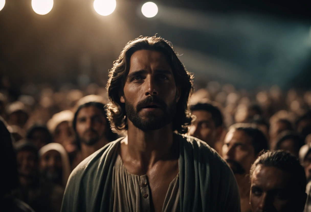 pov, jesus segurando celular, with crowd looked at him