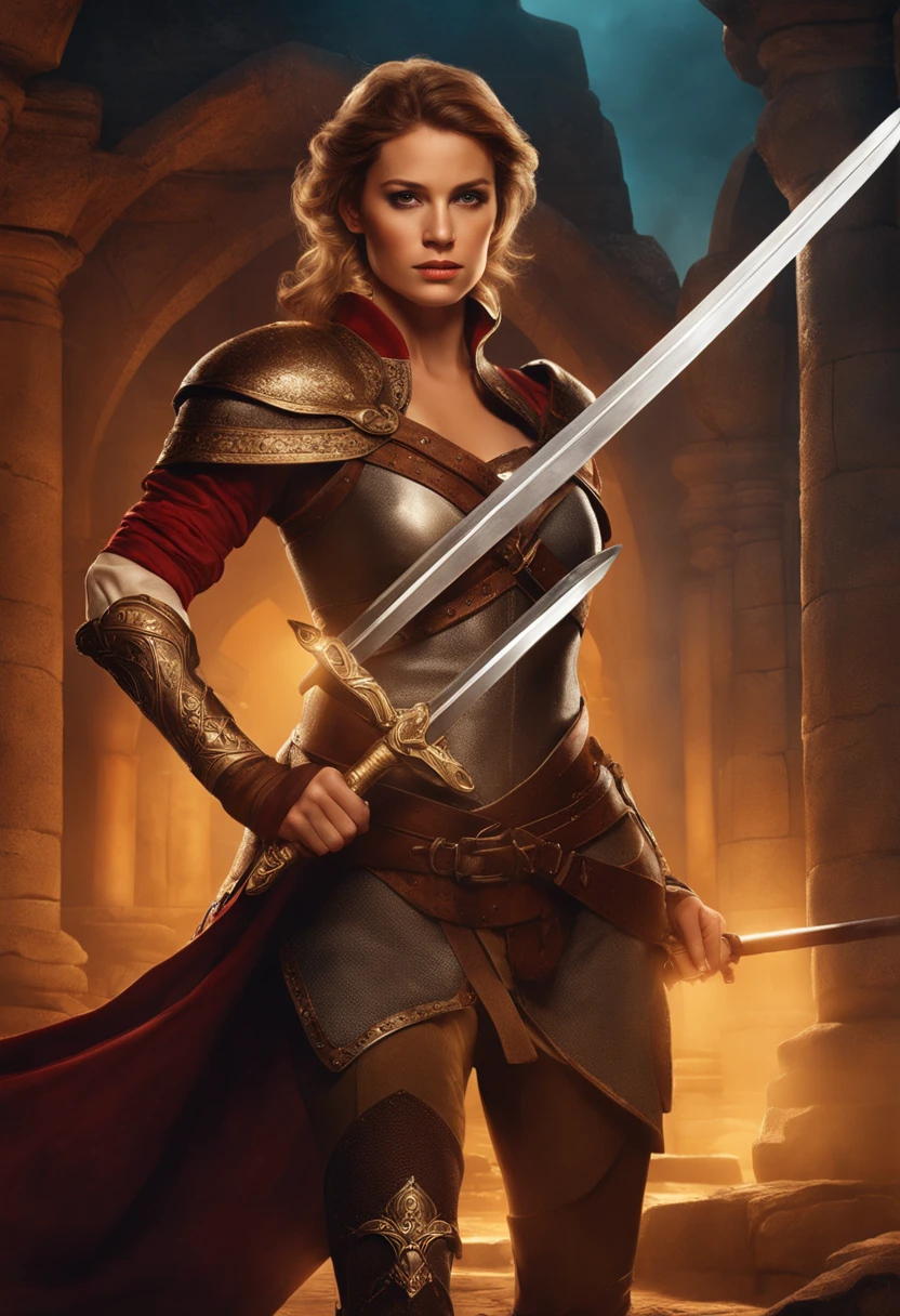 "Create a dynamic poster of a courageous treasure hunter in a fantasy setting. Sketch her confident pose with a raised sword, emphasize character details like short hair and determined expression, draw a substantial, battle-worn sword, craft a captivating fantasy treasure trove background with lurking beasts, apply effective lighting and shading, add fine details including battle scars and ornate armor, optionally use a complementary color palette, refine the composition, and add final touches to bring the scene to life for a visually compelling poster."