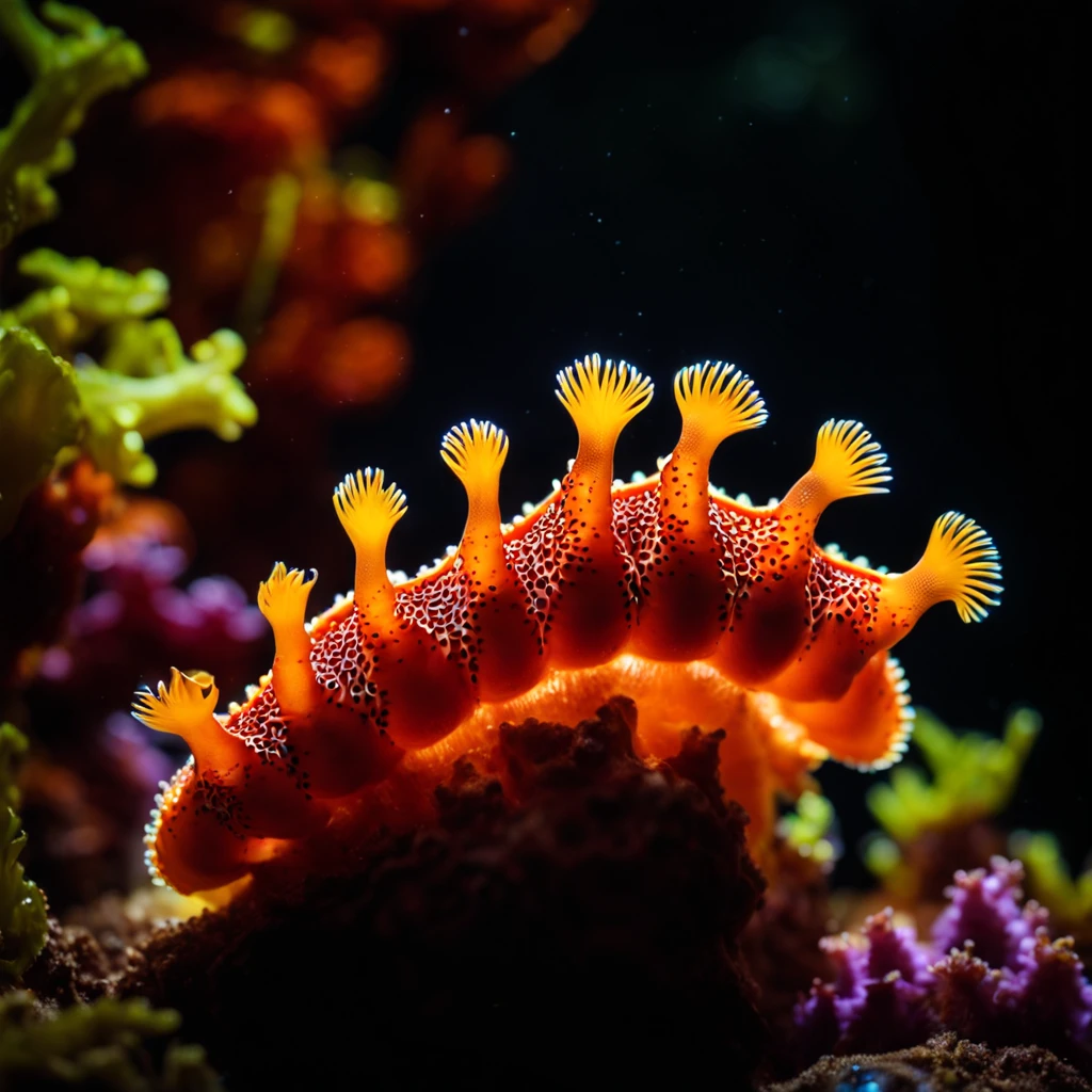 Colorful nudibranchs in an aquarium、Fantastic sight、Sea slugs glowing in a dark room