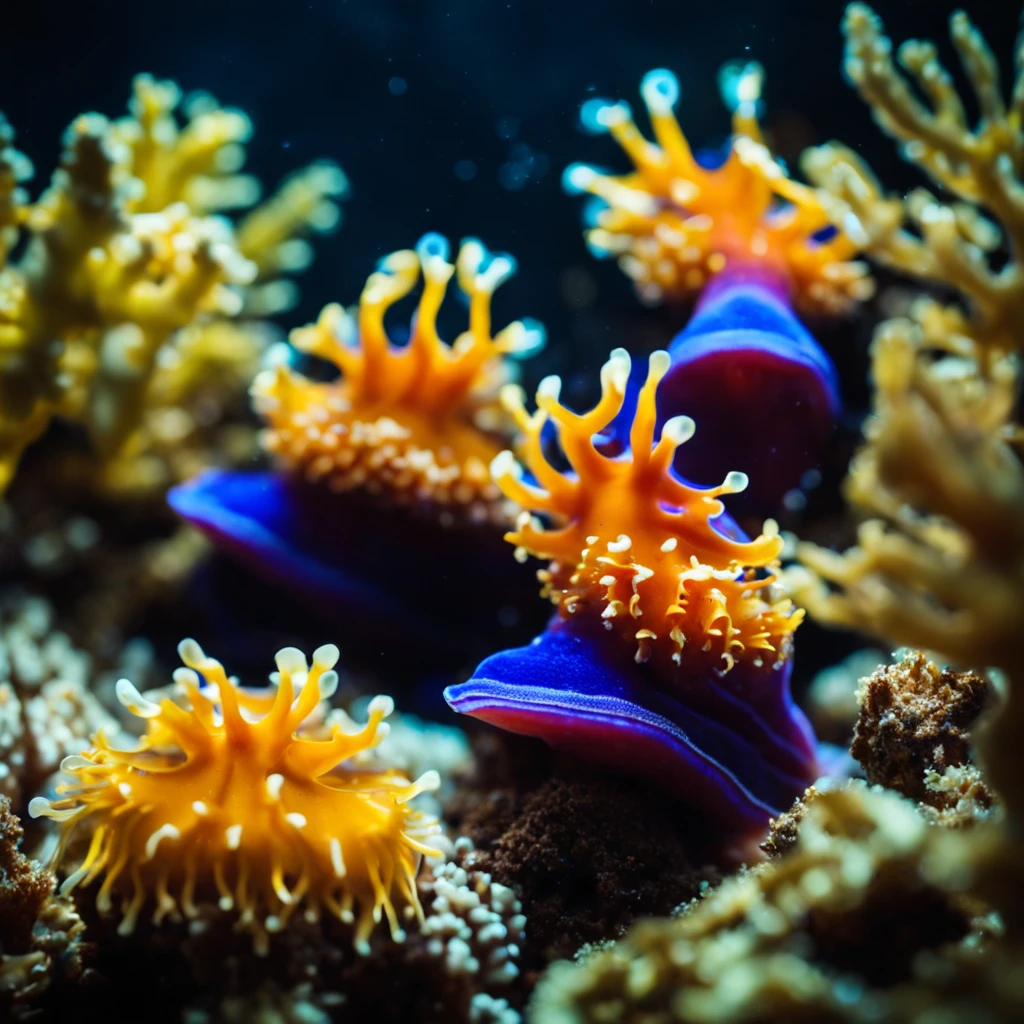 Colorful nudibranchs in an aquarium、Fantastic sight、Sea slugs glowing in a dark room