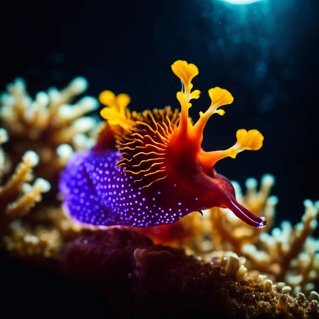 Colorful nudibranchs in an aquarium、Fantastic sight、Sea slugs glowing in a dark room