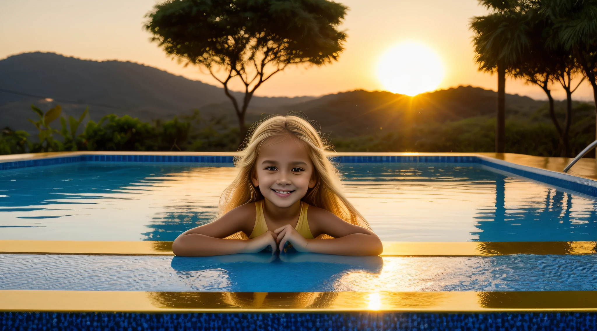 girls, BLONDE LONG HAIR com um capuz vermelho, There is a yellow roof with a swimming pool and a sunset, ouro cintilante, brilho dourado, hora de ouro brilhante, gold refractions off water, ouro brilhante, luz dourada, brilho dourado, brilhante, liquid gold, golden hour lighting, brilhando, dourado brilhante, brilho dourado, Hora de Ouro, morning golden hour, formas douradas