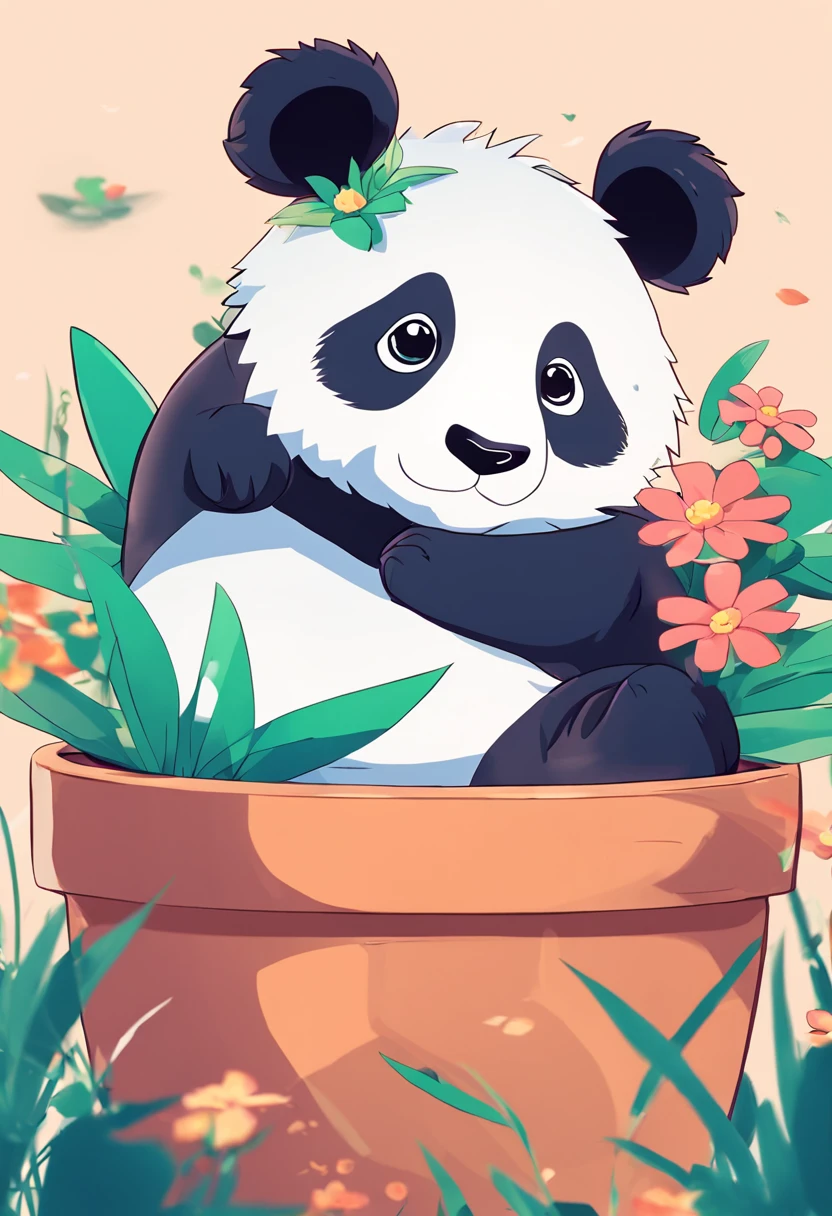 A cute panda lying on his stomach in a flower pot,Has big eyes,differentemotions,Different poss and expressions。vred,grievance,かわいい,having fun,high detal