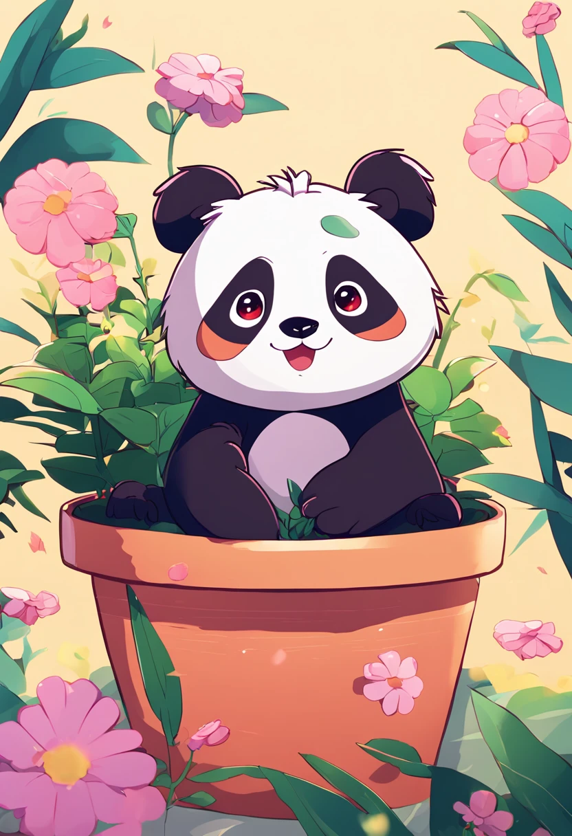 A cute panda lying on his stomach in a flower pot,Has big eyes,differentemotions,Different poss and expressions。vred,grievance,かわいい,having fun,high detal