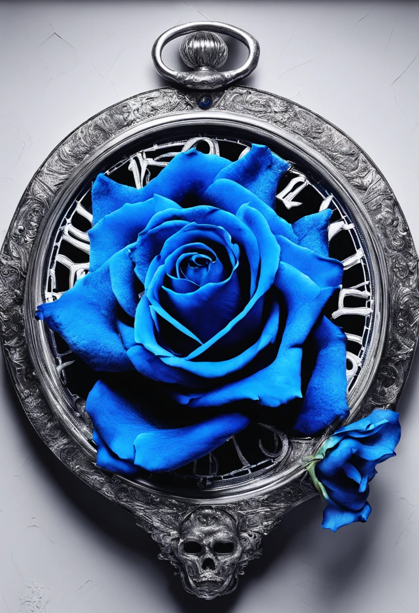 A single, Vibrant blue roses, Surround a perfect circle, Delicately placed on the clock face，Paired with intricate silver hands, On an original white background.
