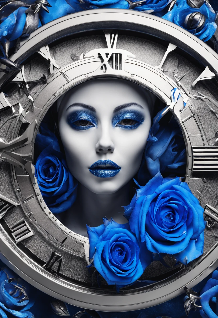 A single, Vibrant blue roses, Surround a perfect circle, Delicately placed on the clock face,Paired with intricate silver hands, On an original white background.