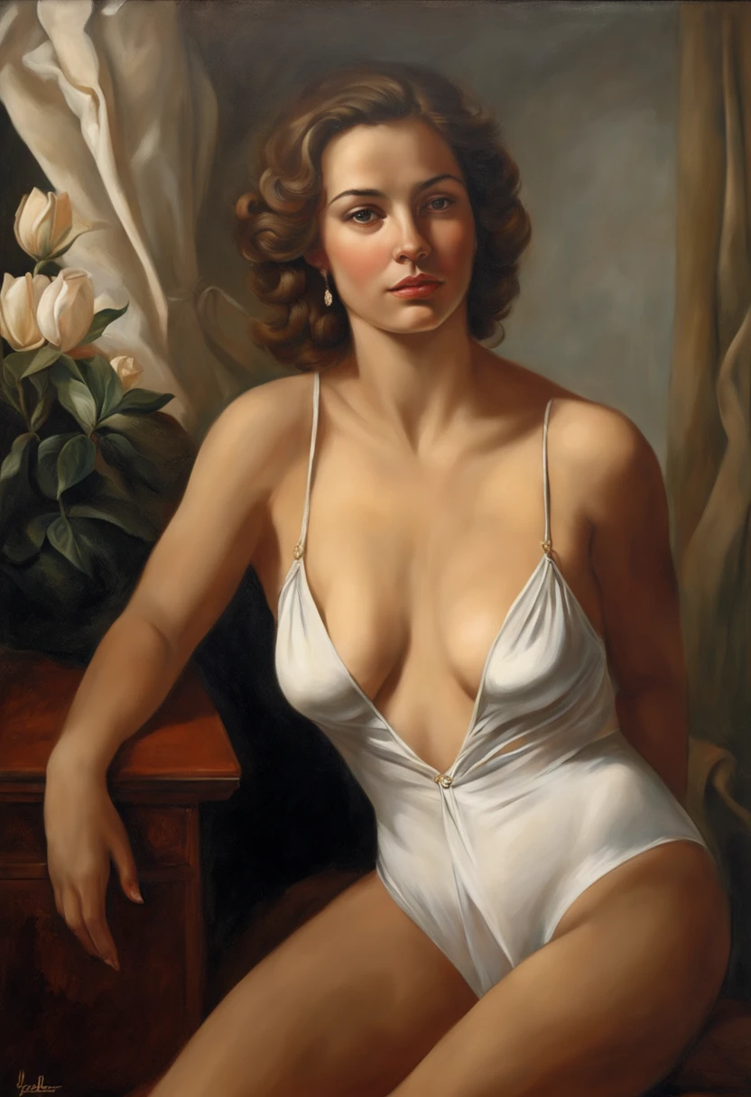 Beleza loira jovem, sem roupa interior, no-bra, ultra-fine depiction, pontas do mamilo salientes, areola protrudes, pubic shape clearly visible, pernas bem abertas, pelos pubianos muito pequenos, Erotic, indutor de homem, pintura ultrafina. Bed with white sheets, pleasant face