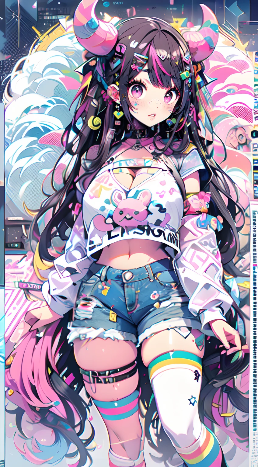 " black hair with rainbow streaks in it kawaii, cute, adorable woman with pink, black and rainbow color scheme. She is dressed in sky-themed clothes made out of clouds and sky motifs. Her outfit is fluffy and soft, with decora accessories like hairclips. She embodies the vibrant and trendy Harajuku fashion style.", horns, demon wings, big boobs,big ass, big lips, juicy lips, huge hair, glitching, glitchy, hacking, computer,digital, sexy, big breasts, cleavage, big ass, tounge out, saliva, {{juicy lips}}