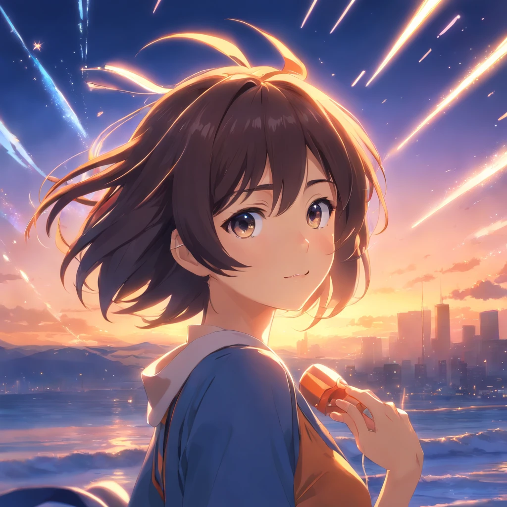 (foco no perfil)obra-prima, melhor qualidade, filme ainda, 1girl, garota nuvem, floating into the sky, close-up, brilhante, feliz, Soft lighting and Warm, sun sunset, (Sparks: 0,7)