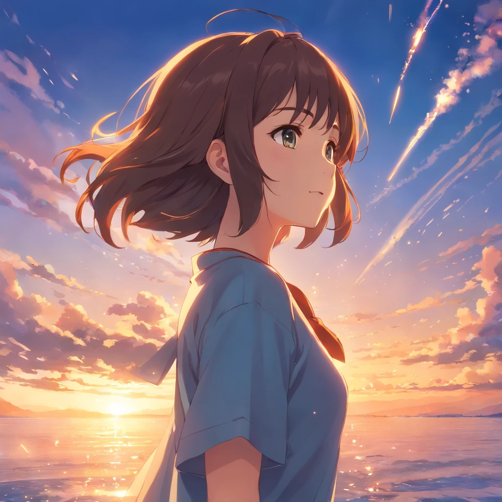 (foco no perfil)obra-prima, melhor qualidade, filme ainda, 1girl, garota nuvem, floating into the sky, close-up, brilhante, feliz, Soft lighting and Warm, sun sunset, (Sparks: 0,7)