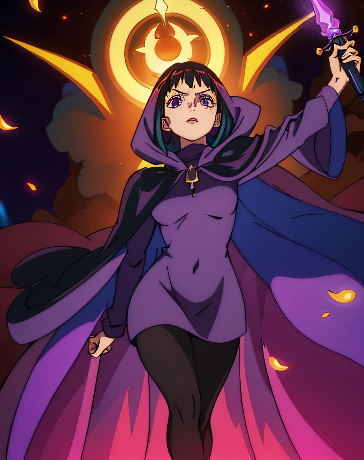 disdainful sorceress. bindi. short black hair. purple hood up. purple cape. black turtleneck dress. light gray pantyhose. performing a ritual in her dark bedroom. dim flickering candles. volumetric light. looking scornfully at viewer.