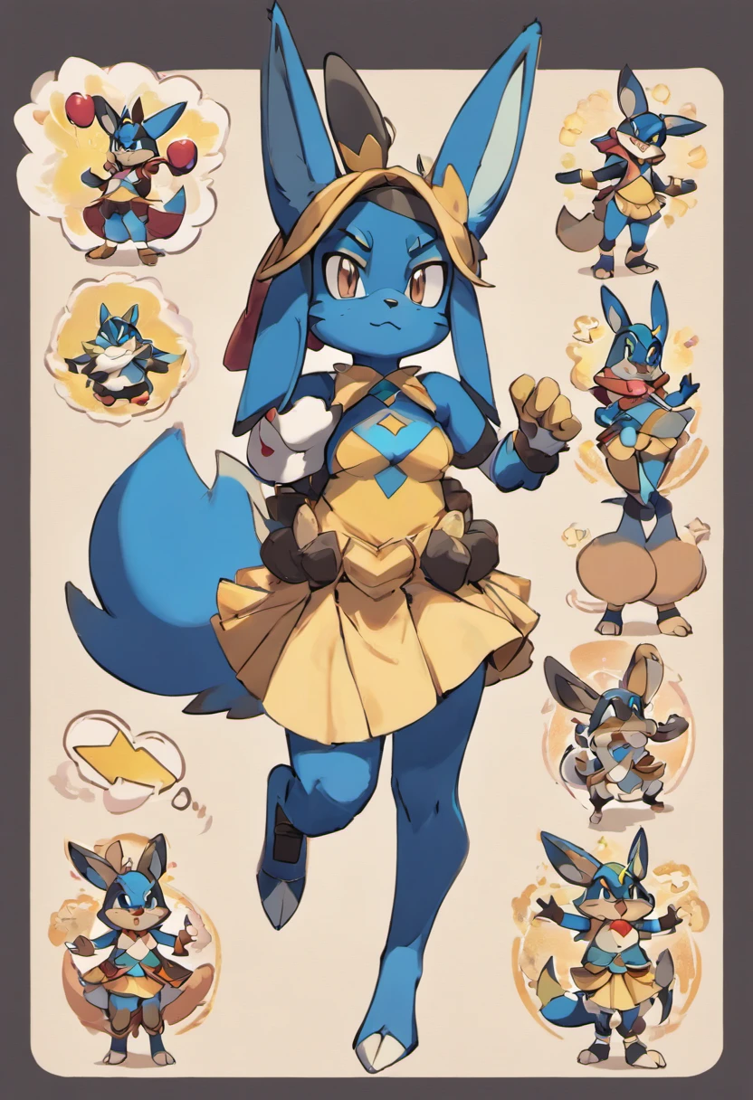 (((Lucario, Clonky, thigh highs, Skirt, croptop))), stretched clothes, Overweight:1.85, absurdres(highly detailed beautiful face and eyes)perfect ???????, good lighting, cinematic shadow(kemono, furry anthro)assorted expressions, assorted poses, assorted angles, full body, upper shot, dynamic angle(boys comic-like panel layouts, speech balloon, English text, Hand-drawn sound effects stickers used in battle comic),