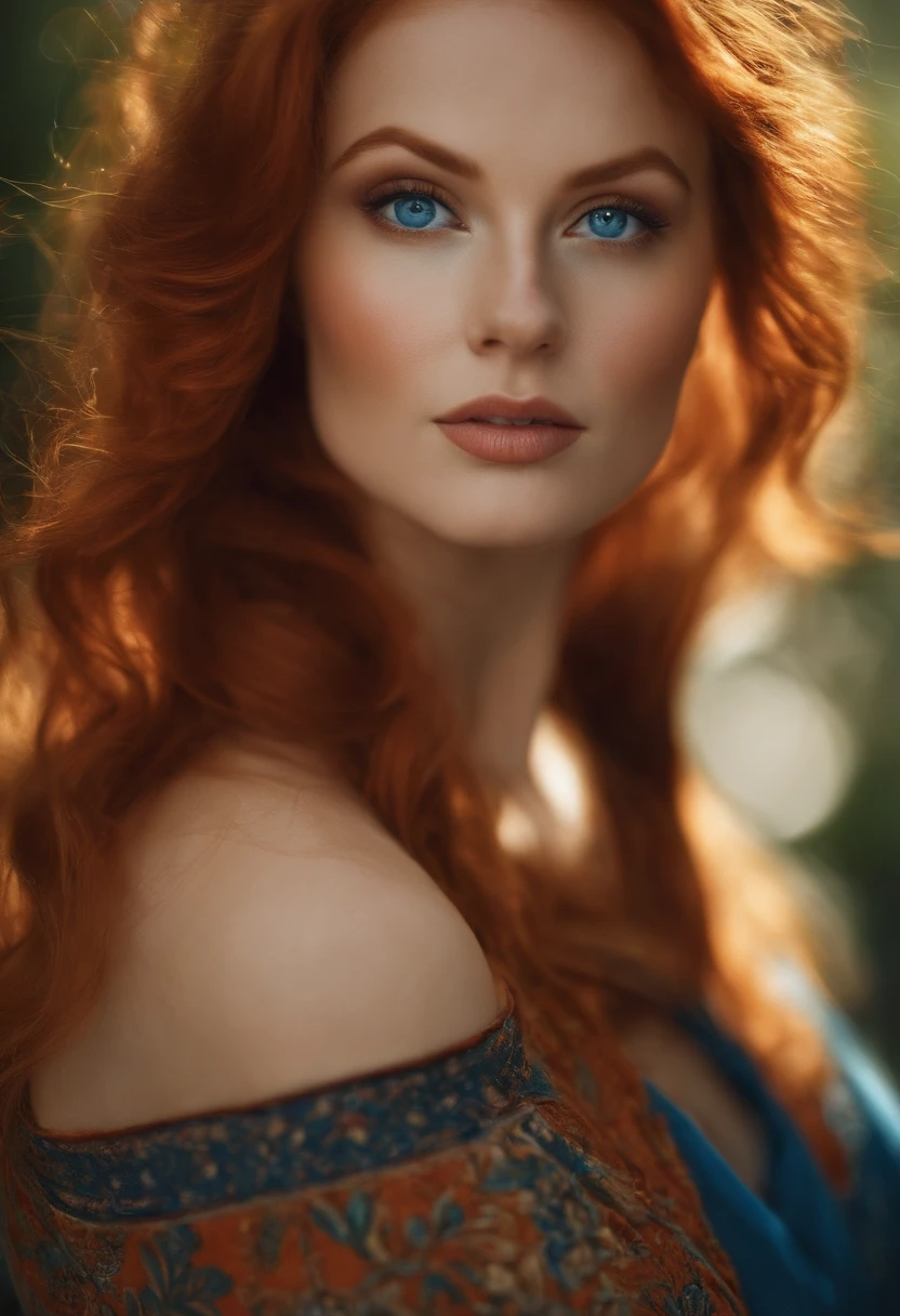a 40-year-old woman with blue eyes, wearing lingerie, sexy, long curly red hair, portrait, very detailed face, medieval style