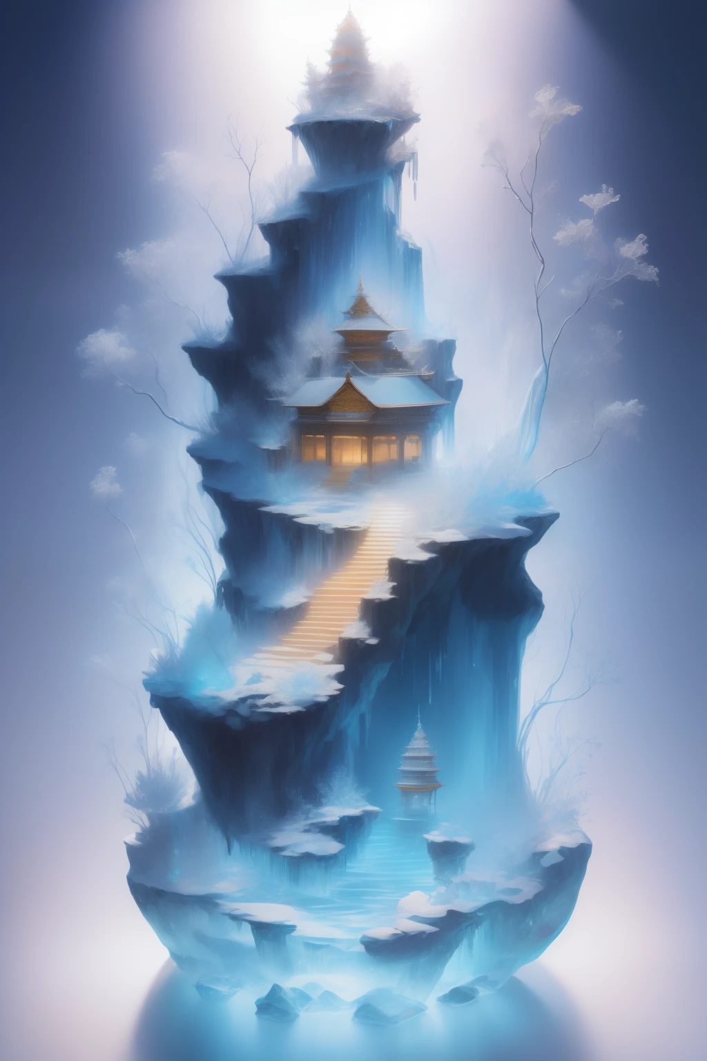 best quality, realistic, photorealistic, ultra detailed, Miniature landscape,a Buddhist Buddha,bodhisattva,Light,ice cubes